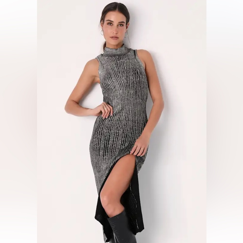 Elegant Black and Silver Sleeveless Sweater Dress